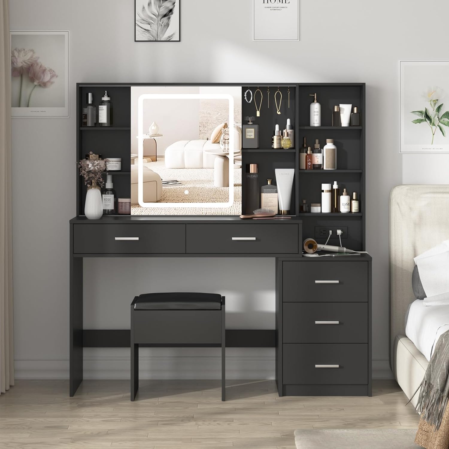 Vanity Desk with Mirror and Lights, Black Vanity Table with 3