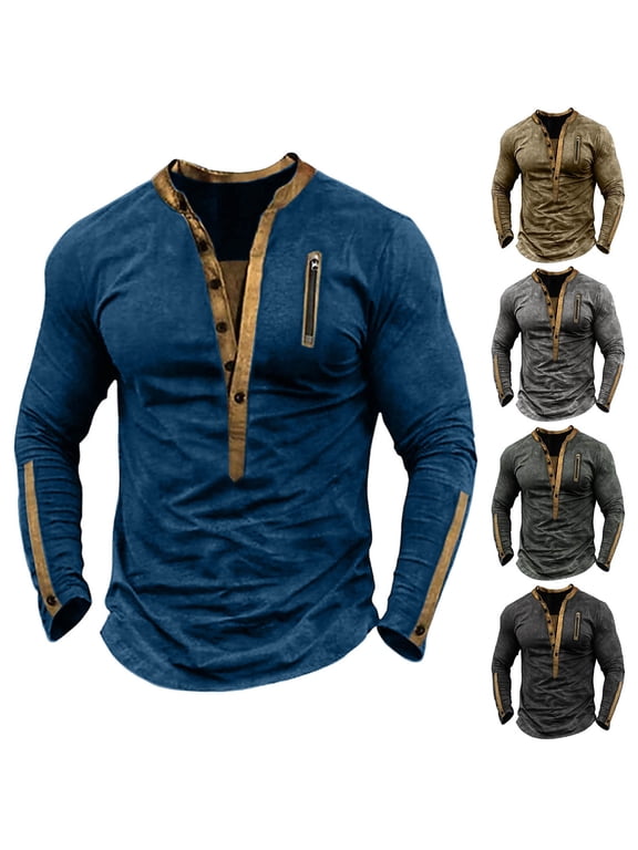 Mens Distressed Henley Raglan Long Sleeve Shirts Front Placket Retro Long Sleeve Tee Shirts Casual Button down Washed T-Shirts for Men