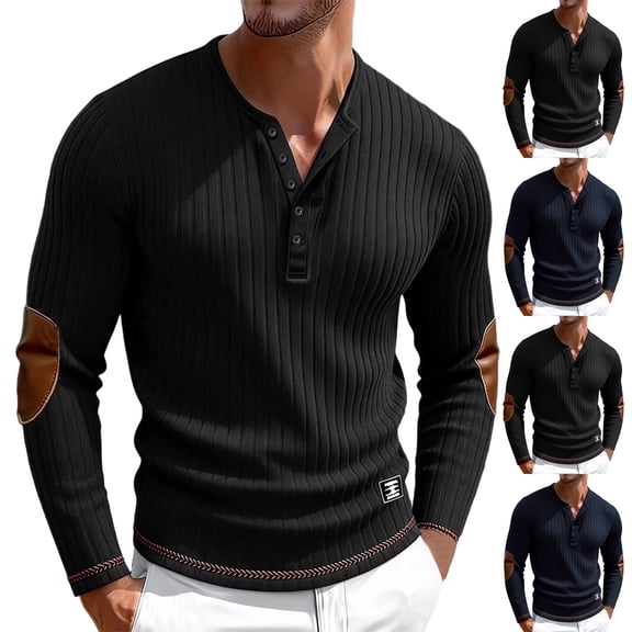 MiYuan Mens Waffle Knit Henley Shirt Long Sleeve Button V Neck Half Button Breathable Fabric Regular Fit Casual Commuter Pullover Shirt with Elbow Patches
