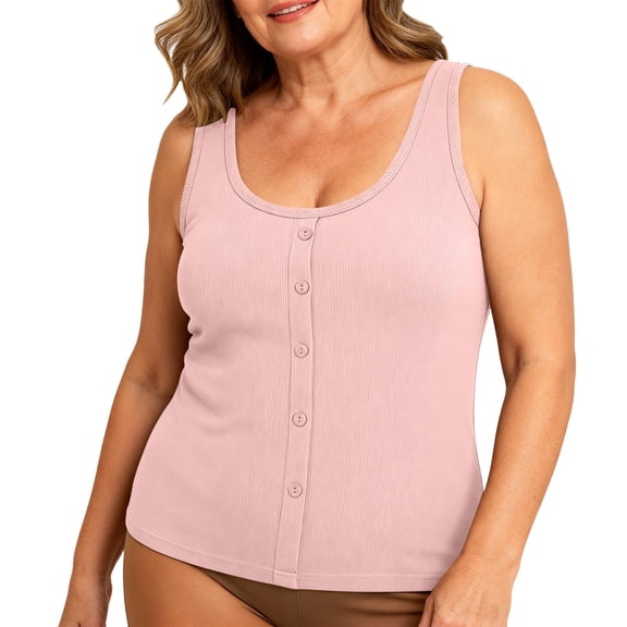 Miyuan Plus Size Ribbed Camisole Front Button Decor Sleeveless Wide Strap Padded Slim Fit Tee Tops