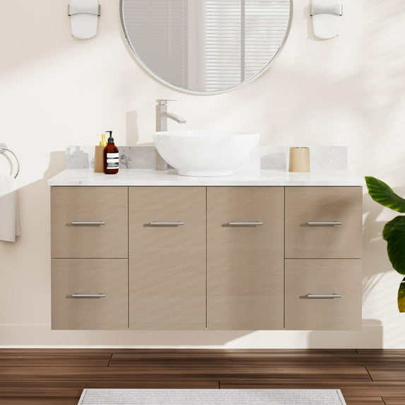 Mia 48 Inch Oak Console Floating Vanity with Vessel Sink - Light Oak