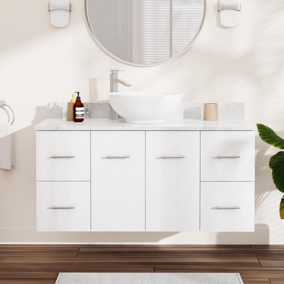 Mia 48 Inch Oak Console Floating Vanity with Vessel Sink - White