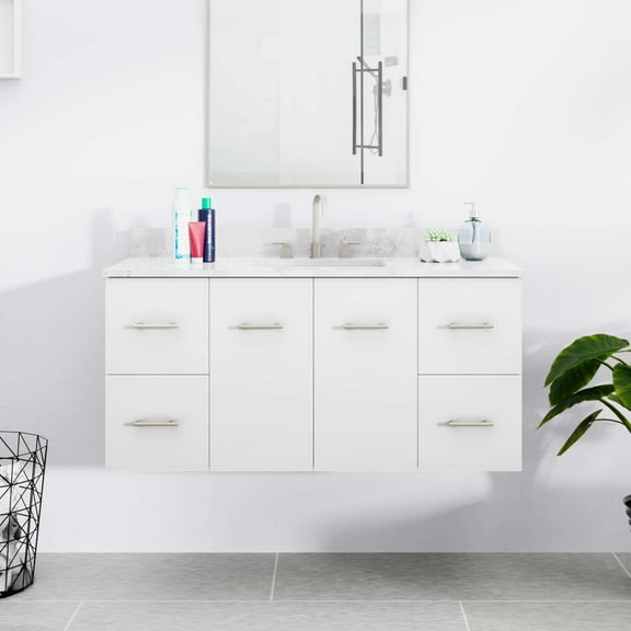 Mia 48 Inch Oak Floating Vanity with Square Undermount Sink - White / White Carrara Top