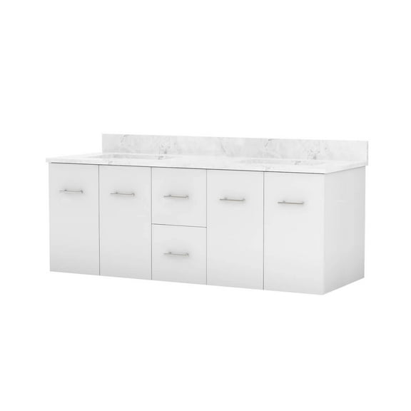 Mia 60 Inch Oak Console Floating Vanity with Square Undermount Sink - White / White Carrara Marble