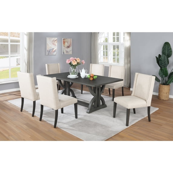 Mia 7-piece Gray Wood Rectangular Dining Set with Nailhead Trim