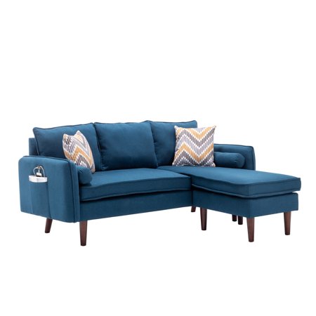 Mia 70" Blue Linen Sectional Sofa with Reversible Chaise, USB Charging Ports, Phone Pocket & 4 Accent Pillows - Perfect for Living Room, Apartment, Small Space