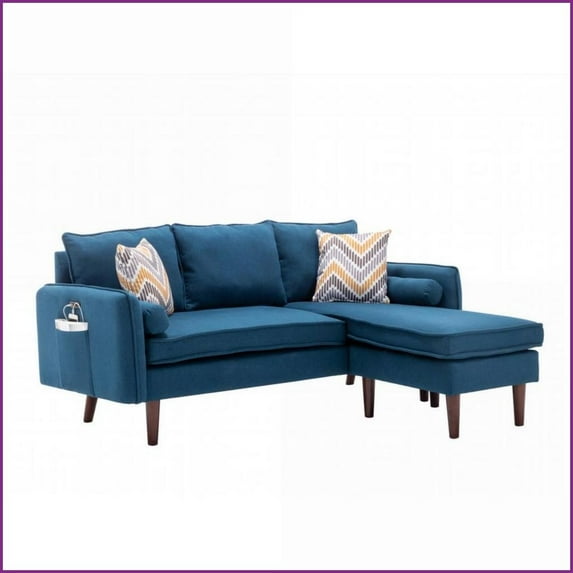 Mia 70\" Modern Blue Linen Sectional Sofa Chaise with Reversible Chaise, USB Chargers & Pillows | Blue | Linen | Square Arms