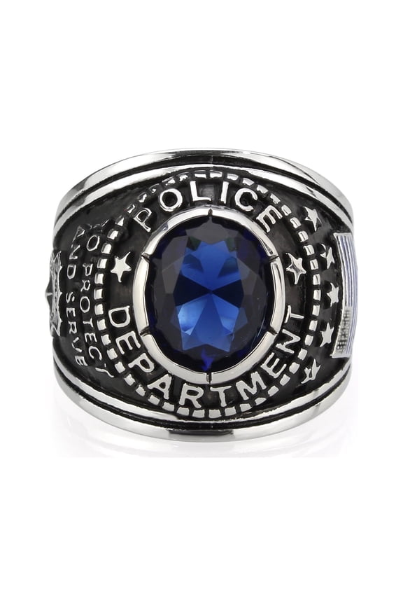 Mia Arte US Vintage Police Officer Shield Ring, Black or Polished Stainless Steel
