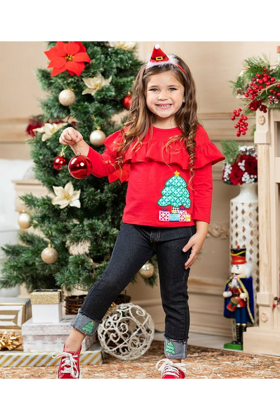 Girls' Denim Pants and Jeans Red - Red Tree Ruffle Long-Sleeve Top & Dark Blue Jeans Set - 3T