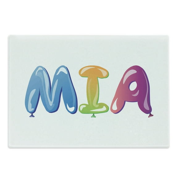 Mia Cutting Board, Female Name Design with Origins Colorful Balloon Letters Pattern, Decorative Tempered Glass Cutting and Serving Board, Large Size, Multicolor, by Ambesonne