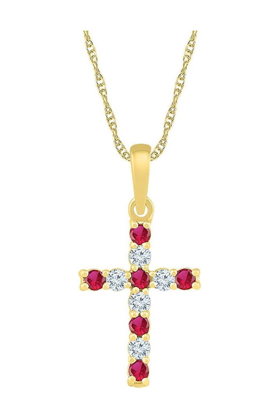 Mia Diamonds 10kt Yellow Gold Womens Round Lab-Created Ruby Cross Pendant 3/8 Cttw