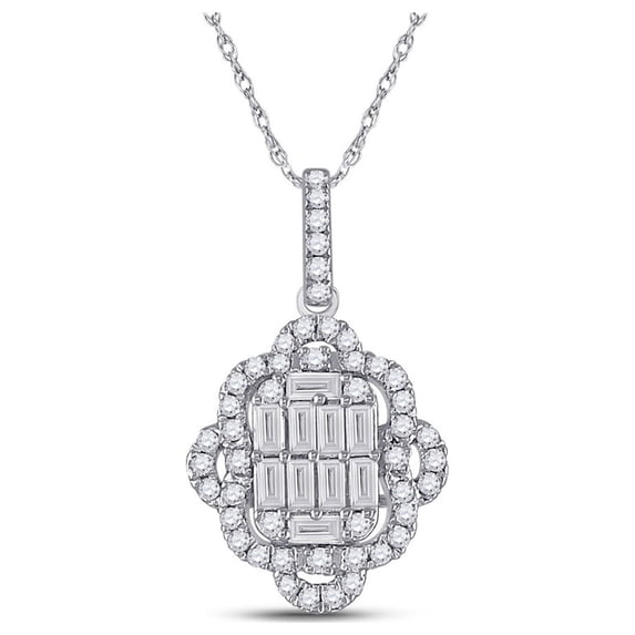 Mia Diamonds 14kt White Gold Womens Baguette Diamond Quatrefoil Cluster Pendant 5/8 Cttw