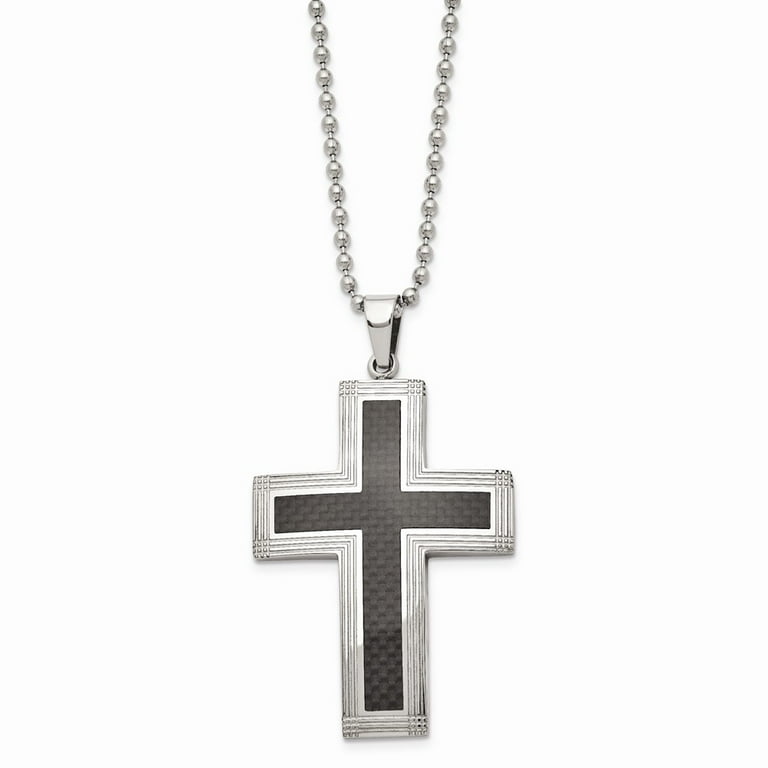 Stainless Steel Polished With Carbon Fiber Inlay Cross 22in Necklace Stainless Steel Polished With Carbon Fiber Inlay Cross 22in Necklace