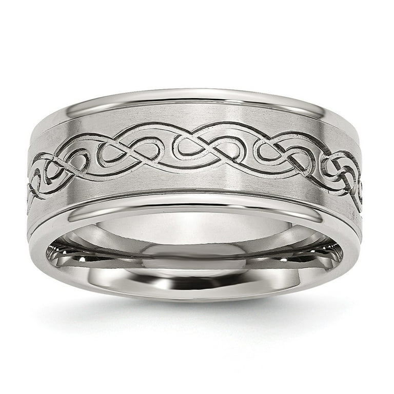 Stainless Steel Scroll Design 9mm Brushed & Polished Ridged Edge Band Stainless Steel Scroll Design 9mm Brushed & Polished Ridged Edge Band