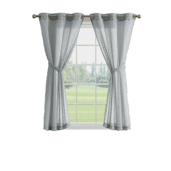 Mia Embellished Grommet Sheer Curtain Drape Panels, Set of 2 with Tiebacks, Light Grey, 38" x 63"