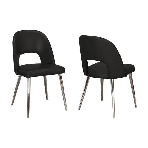 Mia Black Faux Leather Dining Chairs w Chrome Tapered Legs Set of 2