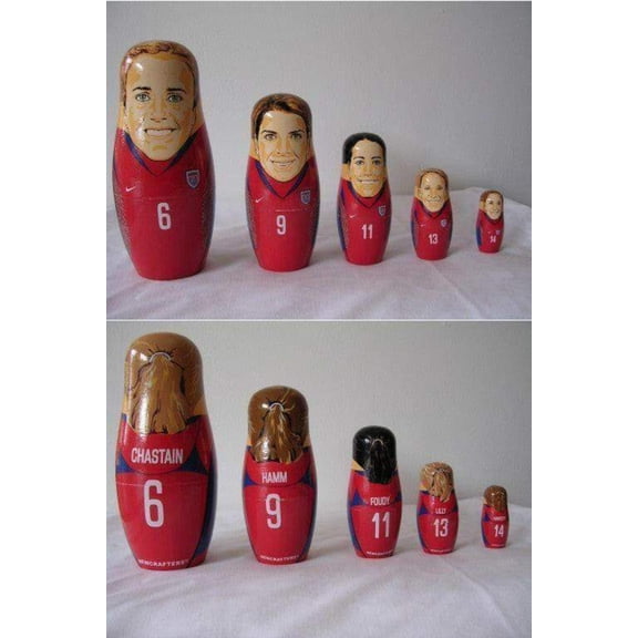 Mia Hamm Brandi Chastain Joy Fawcett Julie Foudy Kristine Lilly Nesting Doll set 1999 USWNT