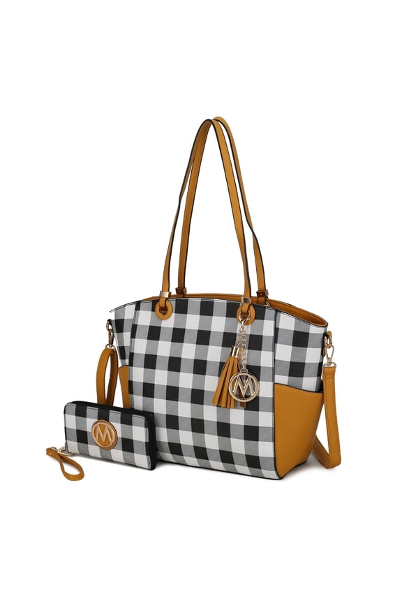 Mia K Karlie Tote Multi-Functional Shoulder Bag Plaid Vegan Leather with Wallet