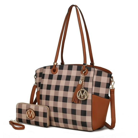 Mia K Karlie Tote Multi-Functional Shoulder Bag Plaid Vegan Leather with Wallet