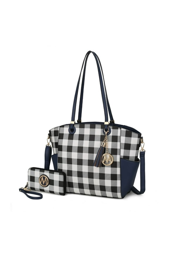 Mia K Karlie Tote Multi-Functional Shoulder Bag Plaid Vegan Leather with Wallet