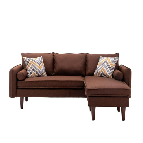Mia Linen Fabric Sectional Sofa Chaise with USB Charger & Pillows in Brown