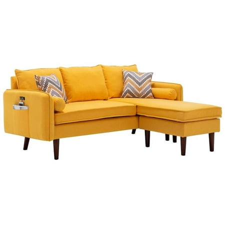 Mia Linen Fabric Sectional Sofa Chaise with USB Charger & Pillows in Yellow