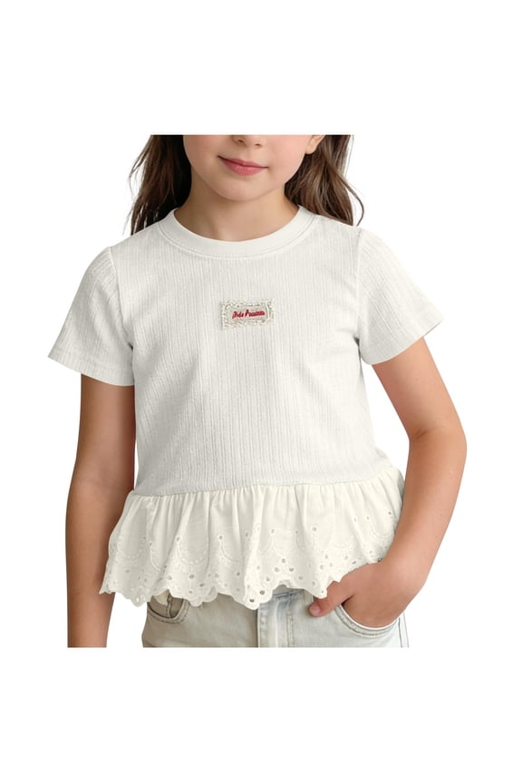 Mia Premium Girls Ruffle Hem Eyelet Short Sleeve T-Shirt Beige Ribbed Knit Top Kids & Kids,Size 1-2 T