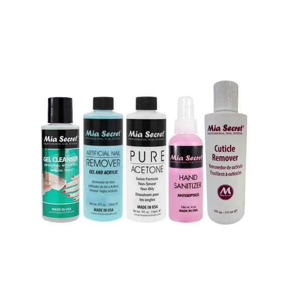 Mia Secret Gel Cleanser 4 oz, Pure Acetone 4oz, Hand Sanitizer 4 oz, Artificial Nail Remover4 oz & Cuticle Remover 6 oz