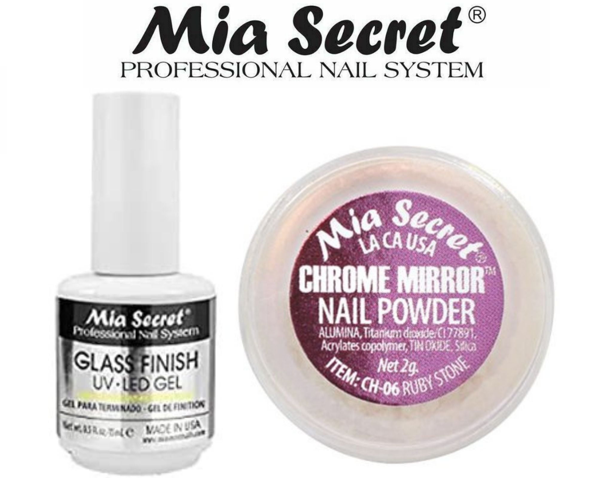 Mia Secret Glass Finish Gel (FG-6S) + Chrome Mirror Powder (CH-06) Ruby Stone