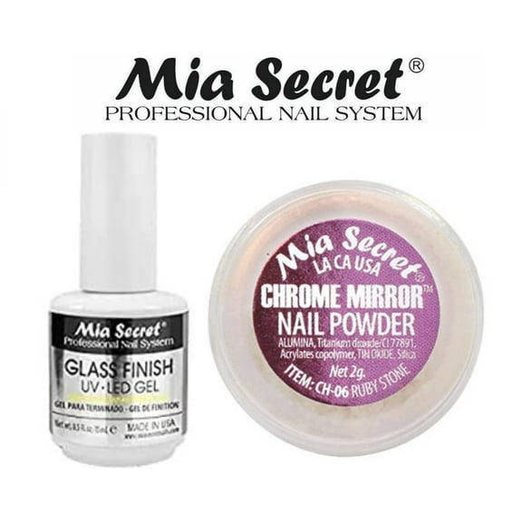 Mia Secret Glass Finish Gel (FG-6S) + Chrome Mirror Powder (CH-06) Ruby Stone