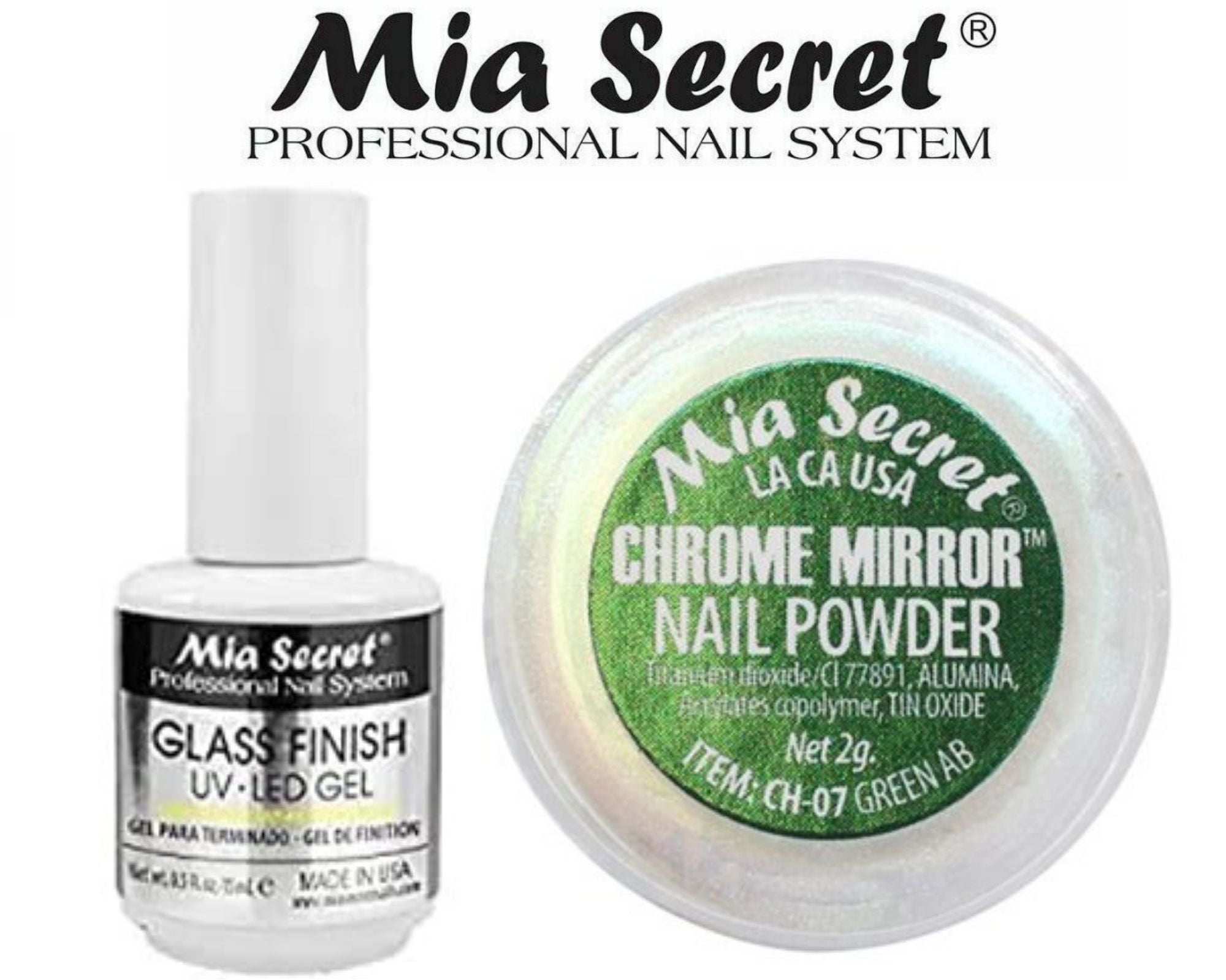 Mia Secret Glass Finish Gel (FG-6S) + Chrome Mirror Powder (CH-07) Green AB