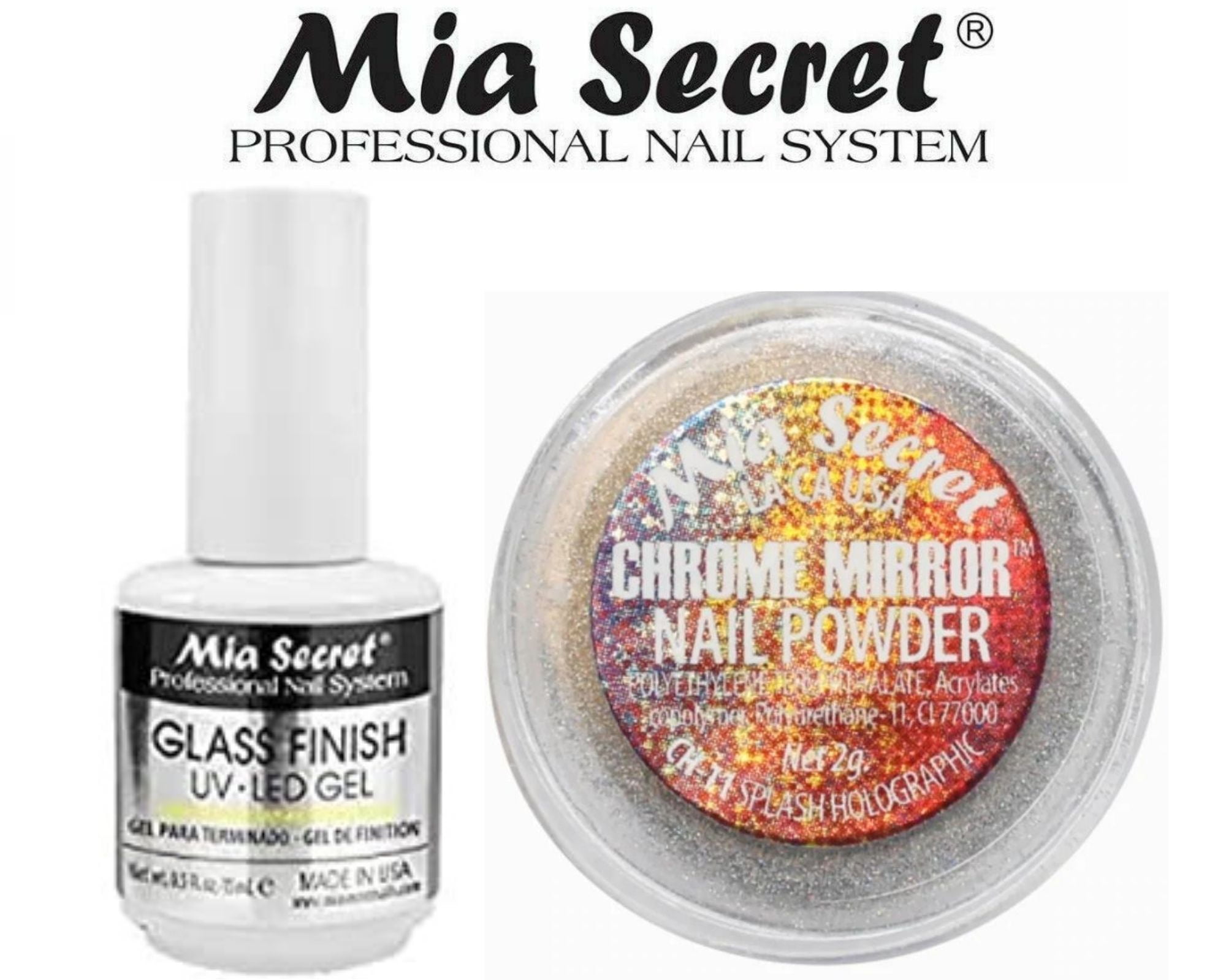 Mia Secret Glass Finish Gel (FG-6S) + Chrome Mirror Powder (CH-11) Splash Holographic