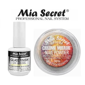 Mia Secret Glass Finish Gel (FG-6S) + Chrome Mirror Powder (CH-11) Splash Holographic