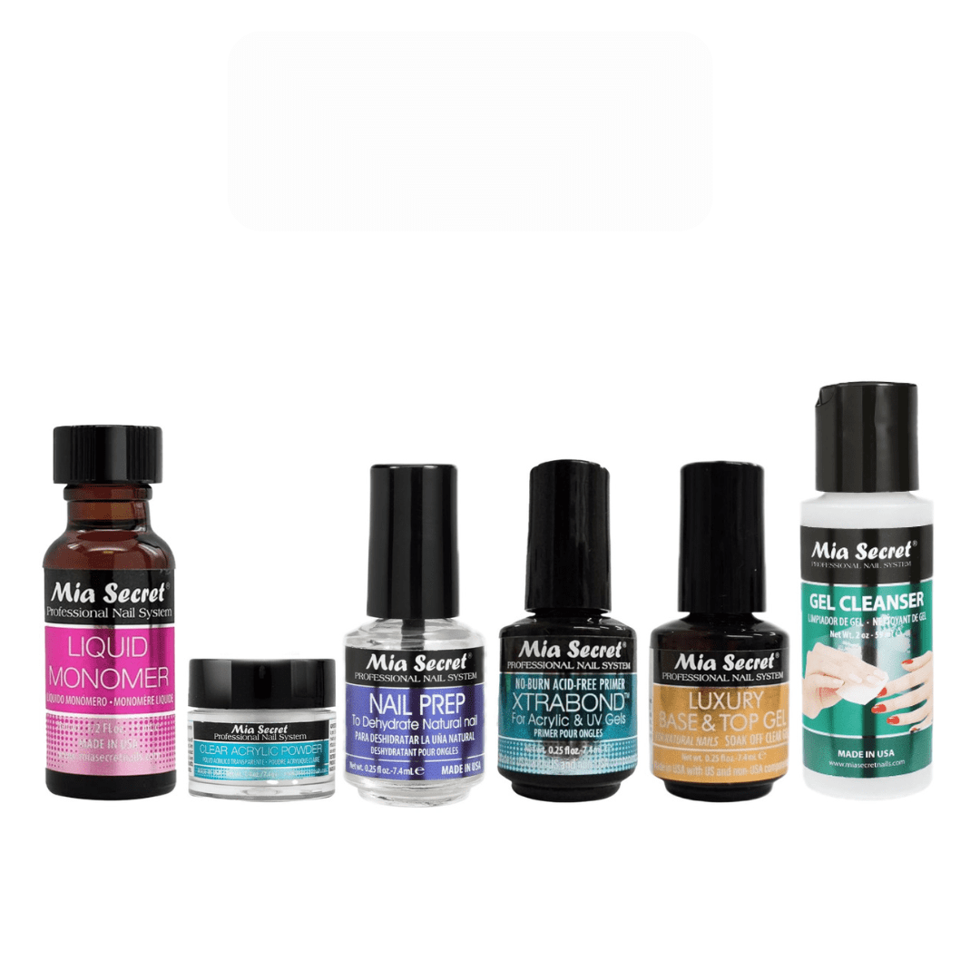 Mia Secret - Liquid Monomer 0.5 fl oz. + Clear Acrylic Powder 0.25 oz + Nail Prep 0.25 fl oz.+ Xtrabond 0.25 fl oz. + Luxury Base & Top Gel + Gel Cleanser 2oz - COMBO
