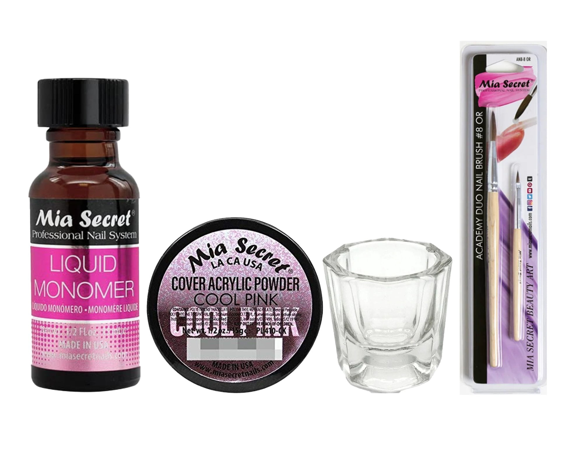 Mia Secret - Liquid Monomer 0.5oz + Cover Acrylic Powder Cool Pink 0.5oz + Dappen Dish + Academy Duo Nail Brush #8OR - COMBO