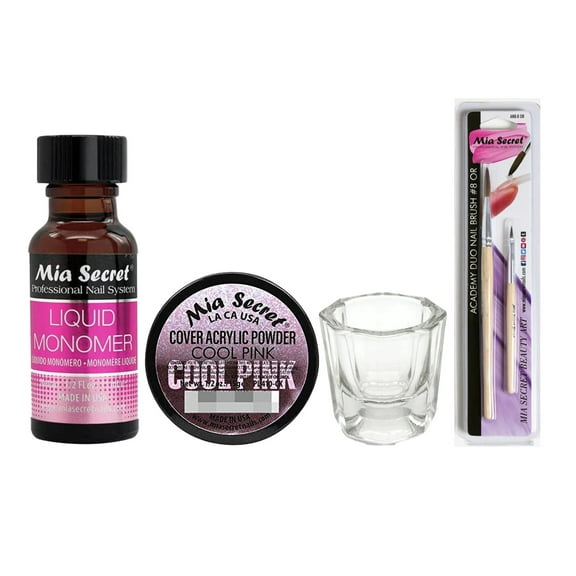 Mia Secret - Liquid Monomer 0.5oz + Cover Acrylic Powder Cool Pink 0.5oz + Dappen Dish + Academy Duo Nail Brush #8OR - COMBO
