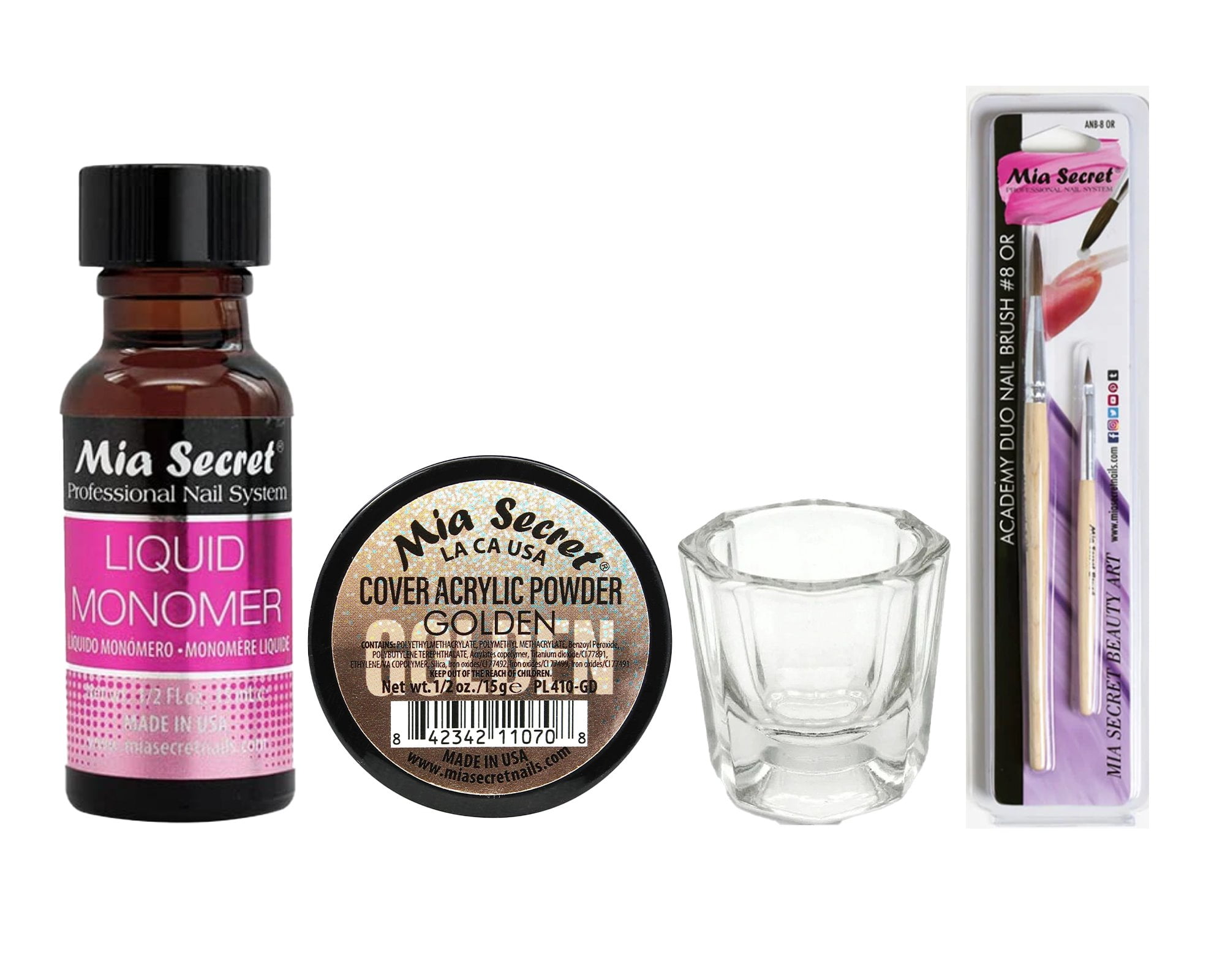 Mia Secret - Liquid Monomer 0.5oz + Cover Acrylic Powder Golden 0.5oz + Dappen Dish + Academy Duo Nail Brush #8 - Combo