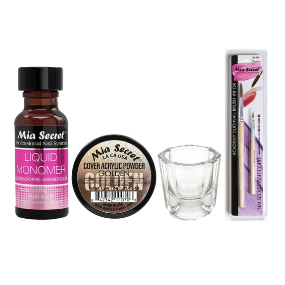 Mia Secret - Liquid Monomer 0.5oz + Cover Acrylic Powder Golden 0.5oz + Dappen Dish + Academy Duo Nail Brush #8 - Combo