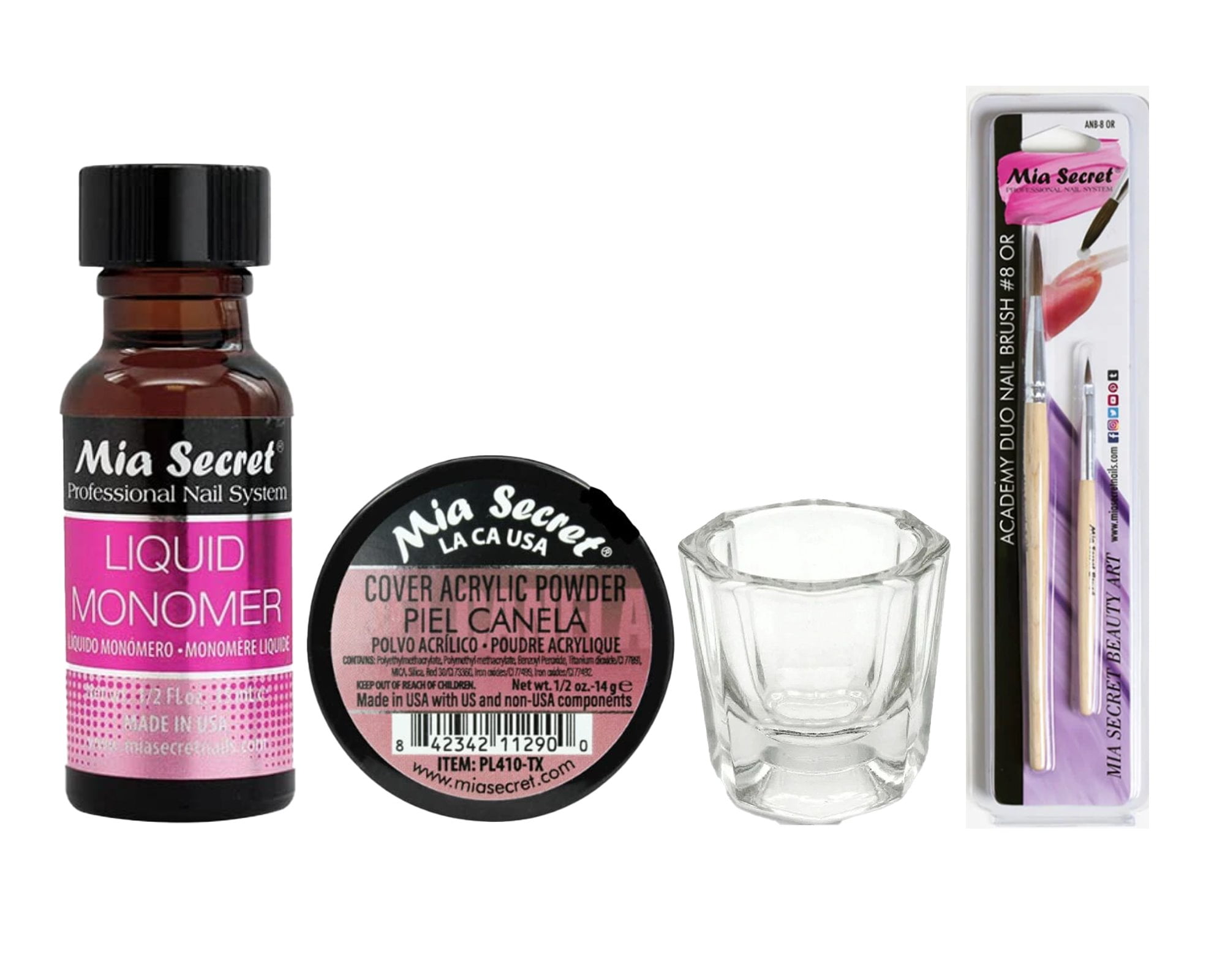 Mia Secret - Liquid Monomer 0.5oz + Cover Acrylic Powder Piel Canela 0.5oz + Dappen Dish + Academy Duo Nail Brush #8 OR - COMBO