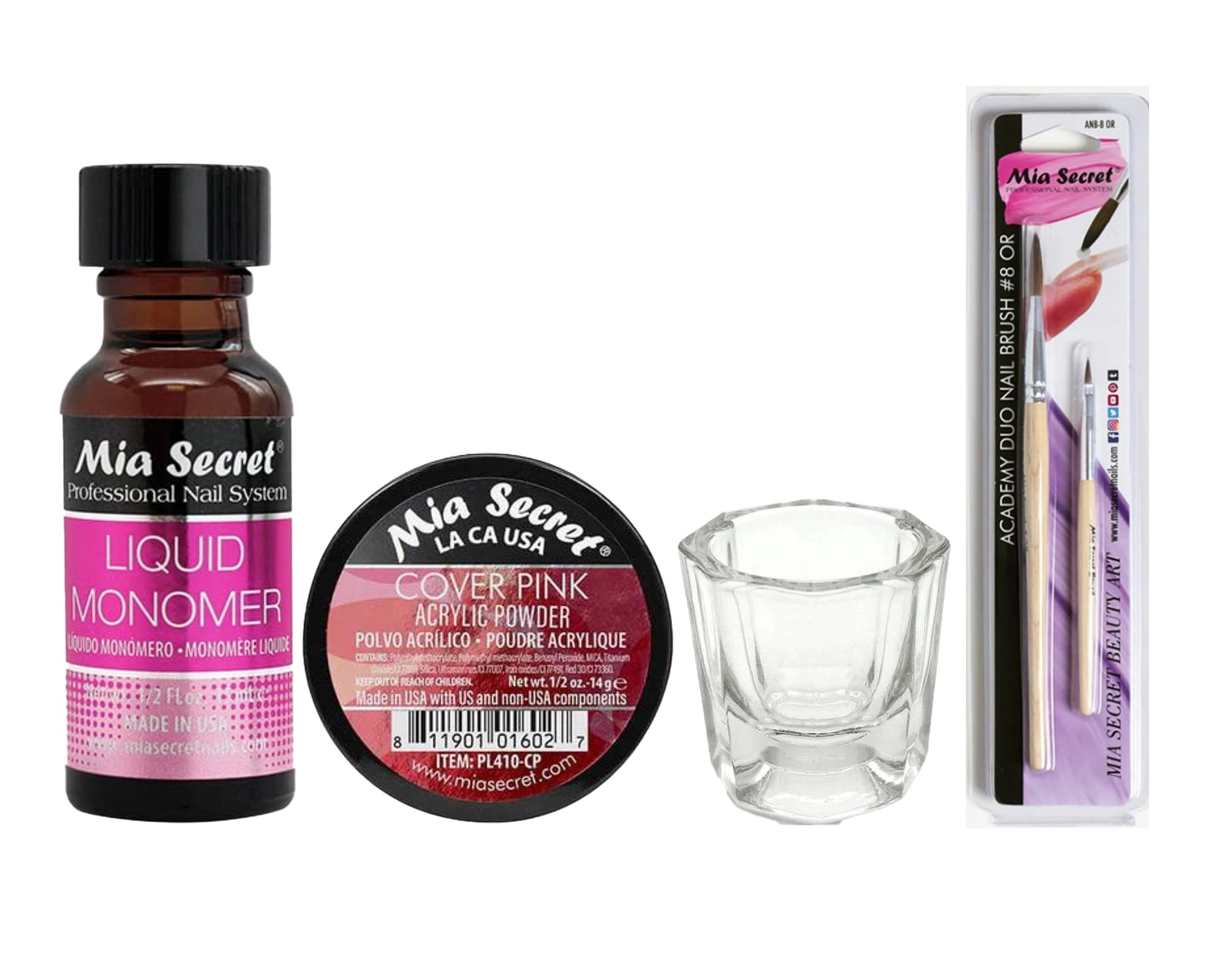 Mia Secret - Liquid Monomer 0.5oz + Cover Acrylic Powder Pink 0.5oz + Dappen Dish + Academy Duo Nail Brush #8 OR - COMBO