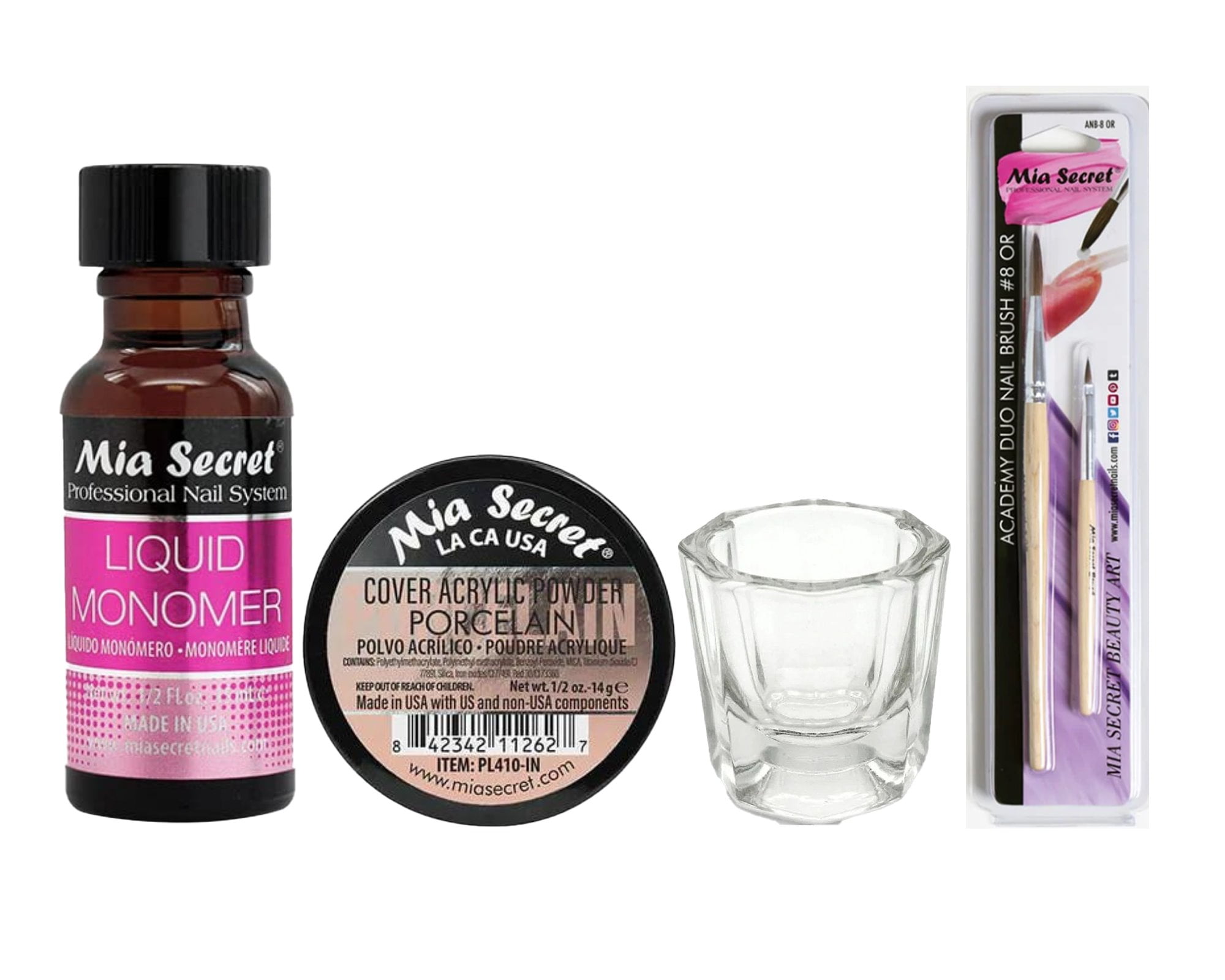 Mia Secret - Liquid Monomer 0.5oz + Cover Acrylic Powder Porcelain 0.5oz + Dappen Dish + Academy Duo Nail Brush #8 OR - COMBO
