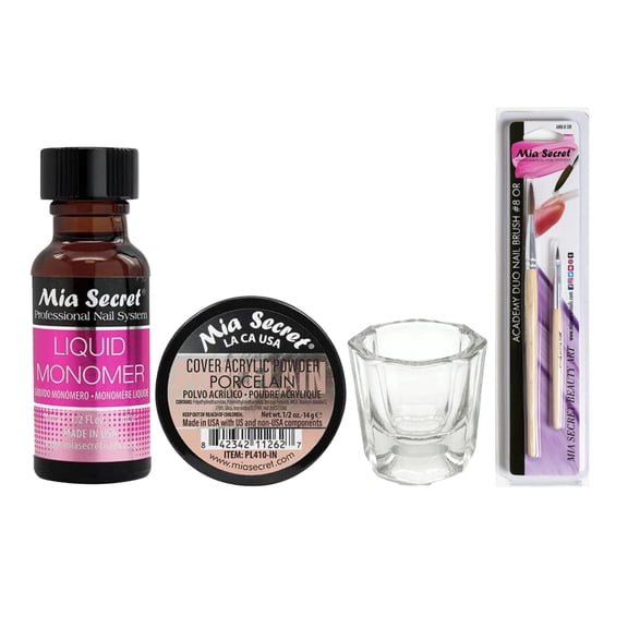 Mia Secret - Liquid Monomer 0.5oz + Cover Acrylic Powder Porcelain 0.5oz + Dappen Dish + Academy Duo Nail Brush #8 OR - COMBO