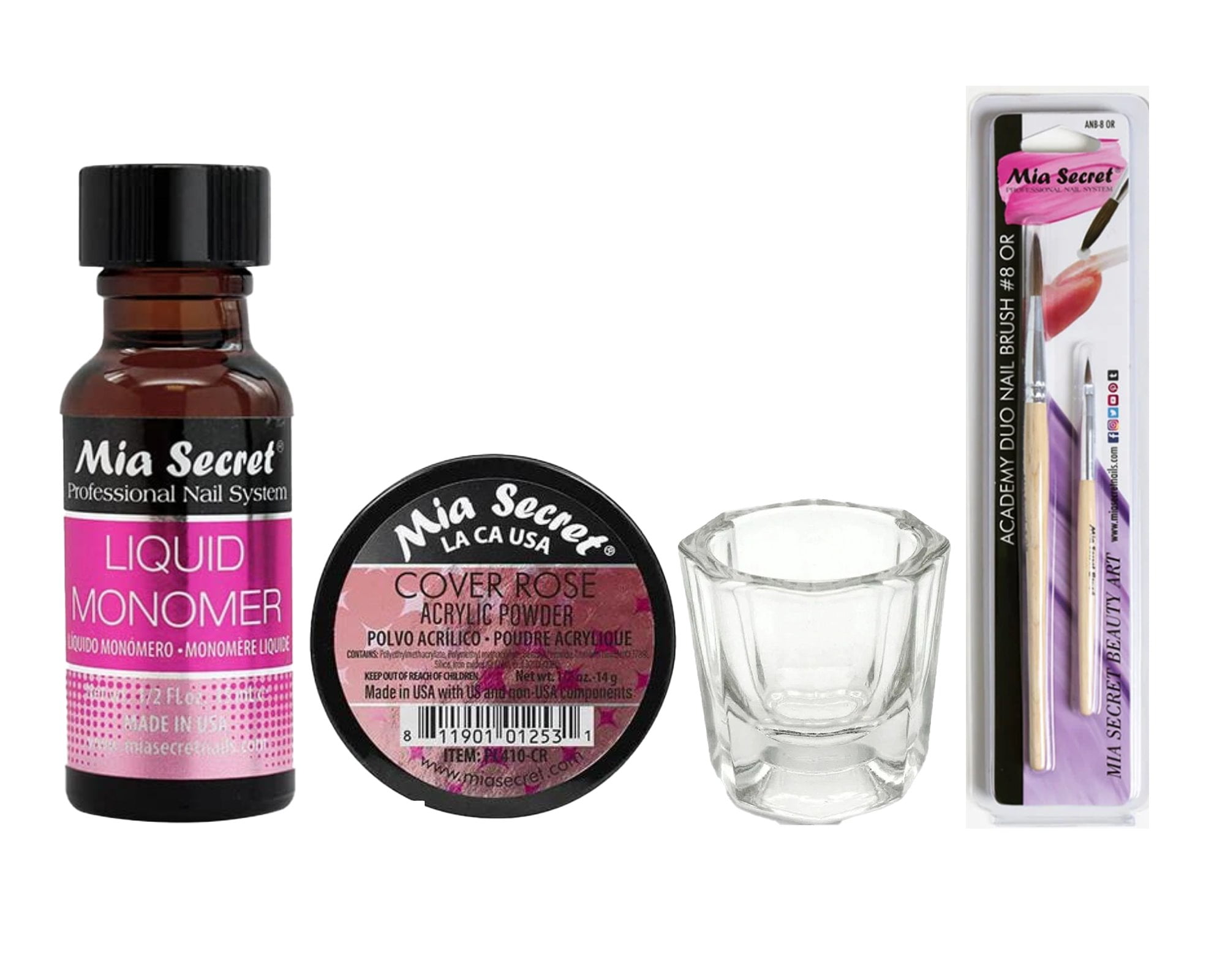 Mia Secret - Liquid Monomer 0.5oz. + Cover Acrylic Powder Rose 0.5oz. + Dappen Dish + Academic Duo Nail Brush #8 OR- Combo