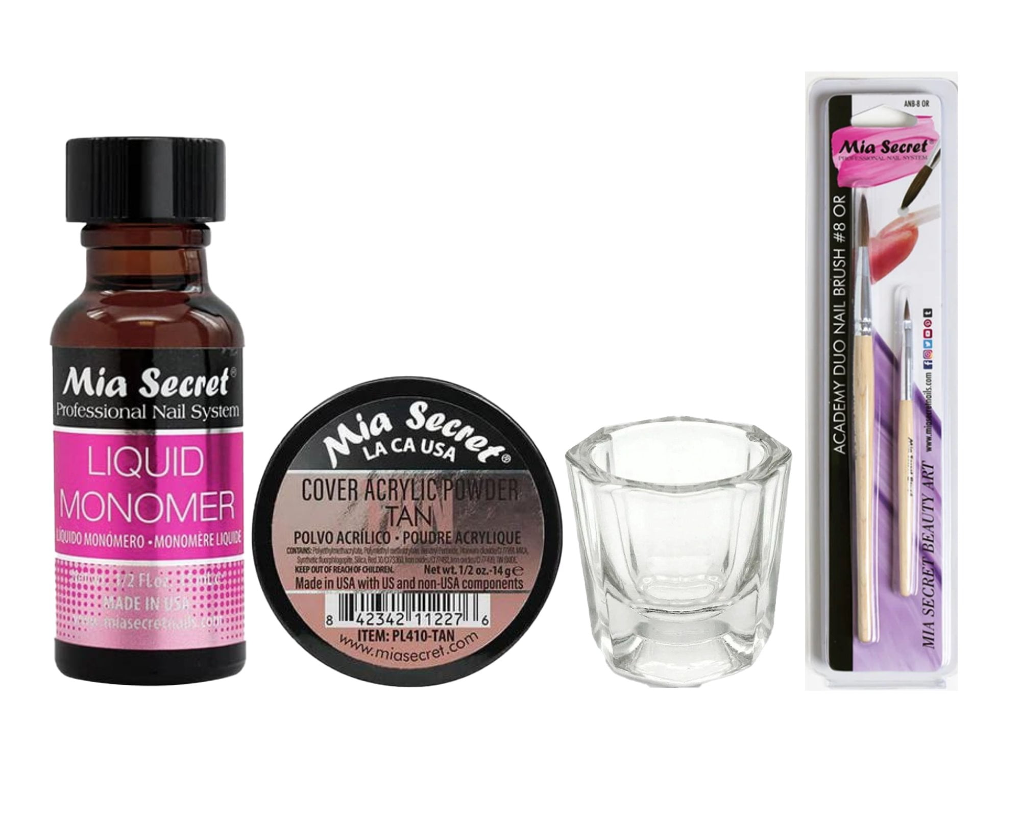 Mia Secret - Liquid Monomer 0.5oz + Cover Acrylic Powder Tan 0.5oz + Dappen Dish + Academy Duo Nail Brush #8 OR - Combo