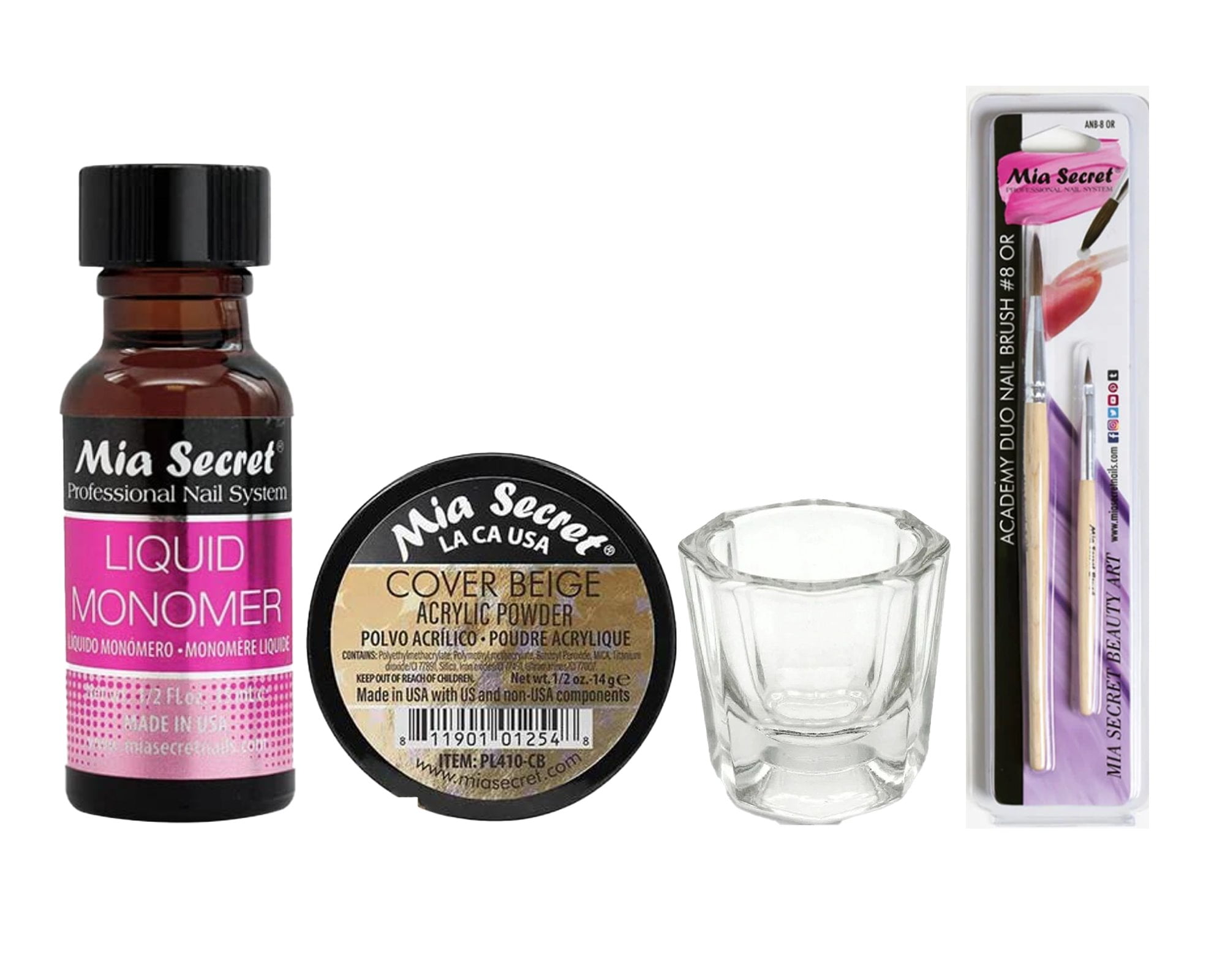 Mia Secret - Liquid Monomer 0.5oz + Cover Beige Acrylic Powder 0.5oz + Dappen Dish + Academy Duo Nail Brush #8 OR - COMBO