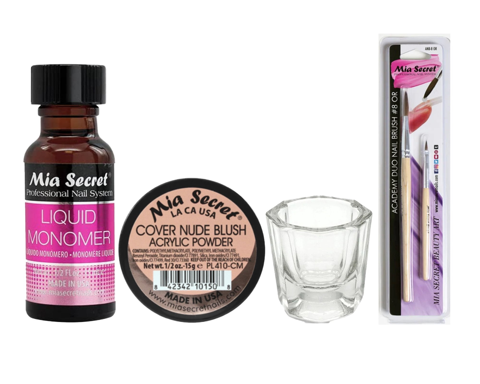 Mia Secret - Liquid Monomer 0.5oz + Cover Nude Blush Acrylic Powder 0.5oz + Dappen Dish + Academy Duo Nail Brush #8 OR - COMBO