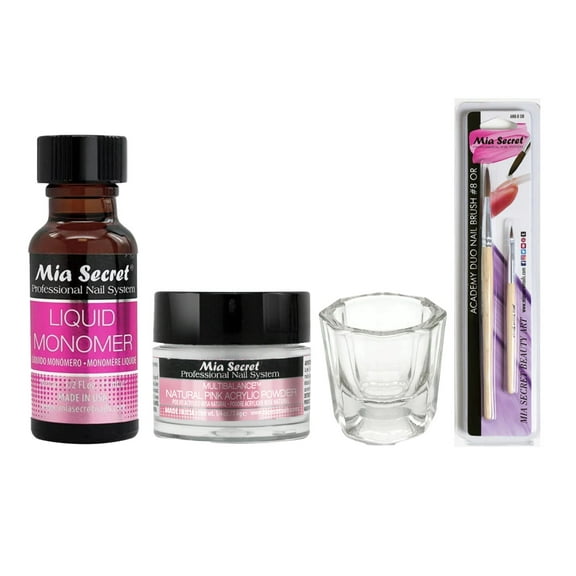 Mia Secret - Liquid Monomer 0.5oz + Multibalance Natural Pink Acrylic Powder 0.25 oz + Dappen Dish + Academy Duo Nail Brush #8 OR - COMBO