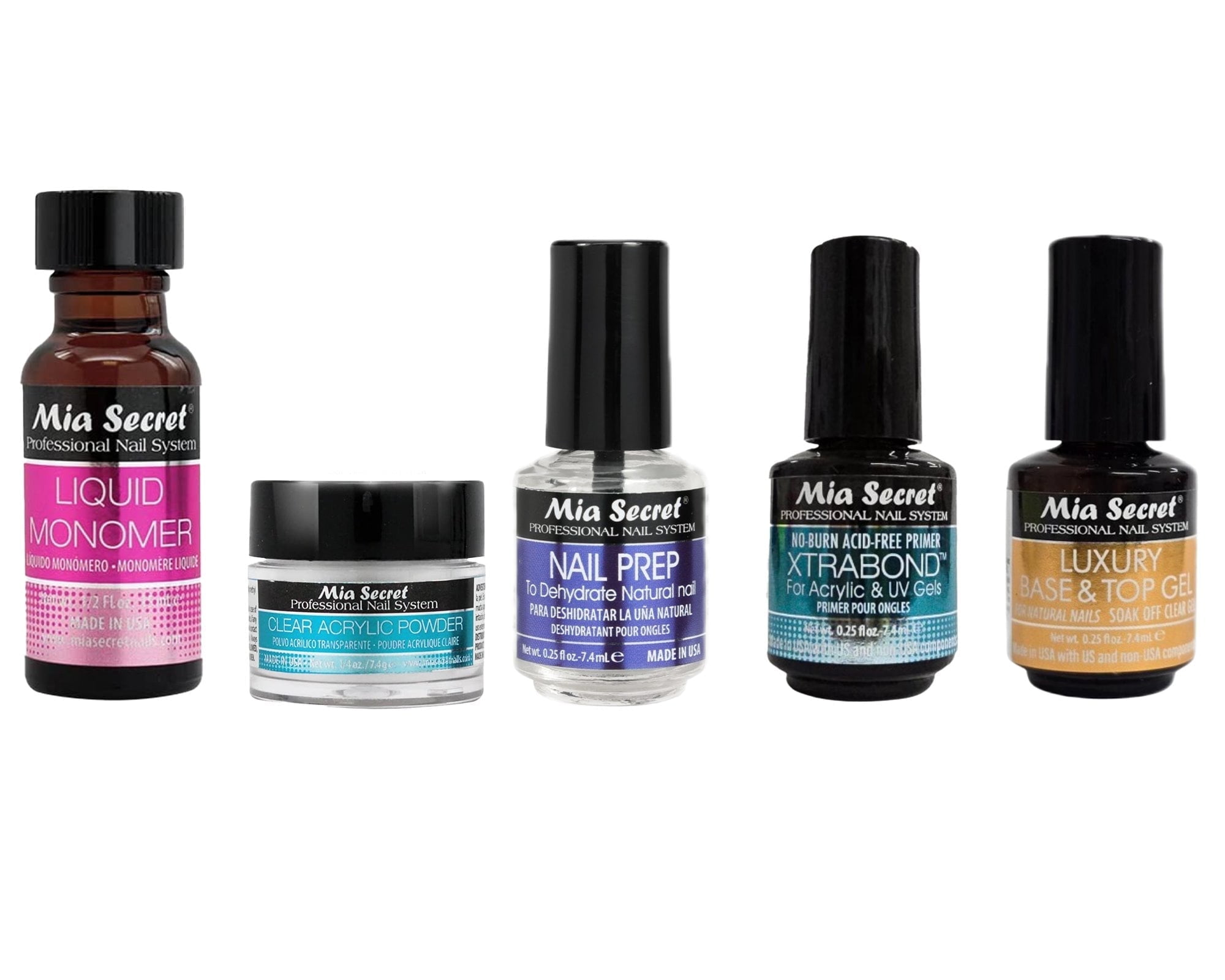 Mia Secret - Liquid Monomer 1/2 oz. , Clear Acrylic Powder 1/4 oz. , Nail Prep 0.25 oz. , Xtrabond 0.25 oz. , Luxury Base & Top Gel 0.25 oz. - Combo