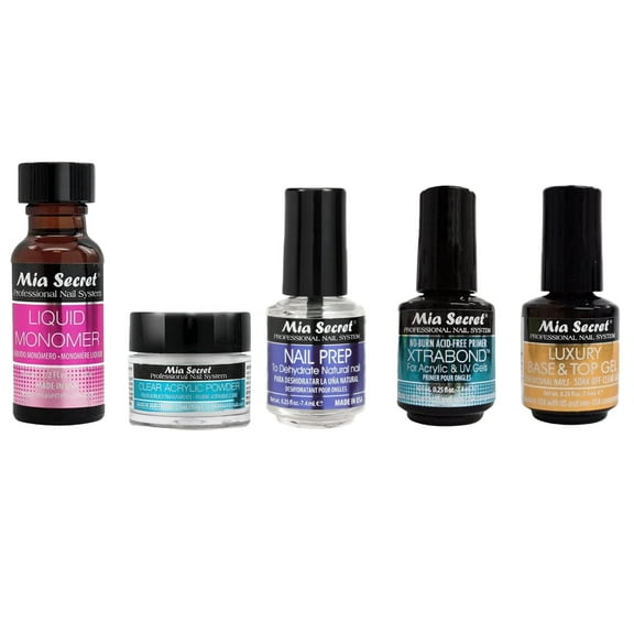 Mia Secret - Liquid Monomer 1/2 oz. , Clear Acrylic Powder 1/4 oz. , Nail Prep 0.25 oz. , Xtrabond 0.25 oz. , Luxury Base & Top Gel 0.25 oz. - Combo