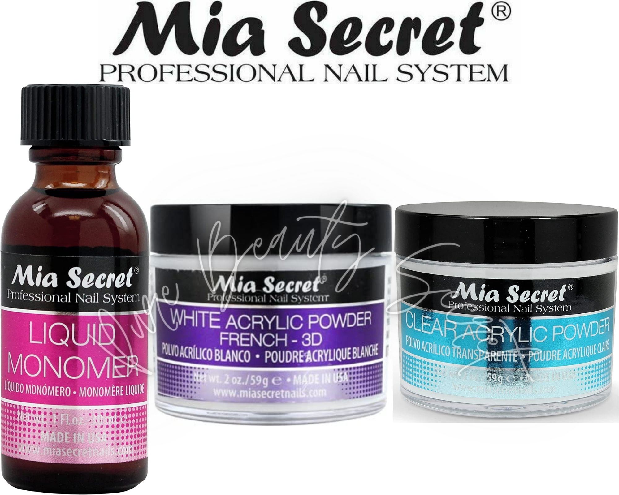 Mia Secret Liquid Monomer 1 oz + Powder 1 oz x 2 (White + Clear)